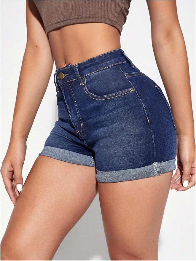 Denim Shorts Cuffed Hem Stretchy Mid Rise Jean Shorts by OYOANGLE, photograph 2 of 4