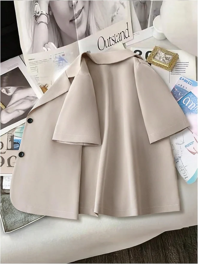 Short Sleeve Cropped Suit Blazer Business Casual Open Front by OYOANGLE, photograph 2 of 4