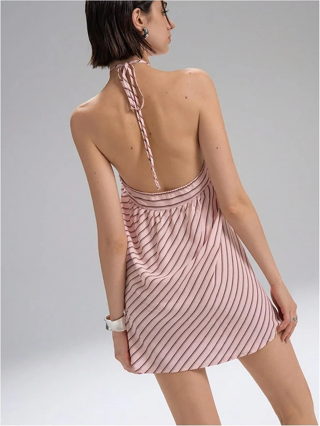 Striped Halter Dress Y2K Summer Going Out Mini Dresses by OYOANGLE, photograph 2 of 4