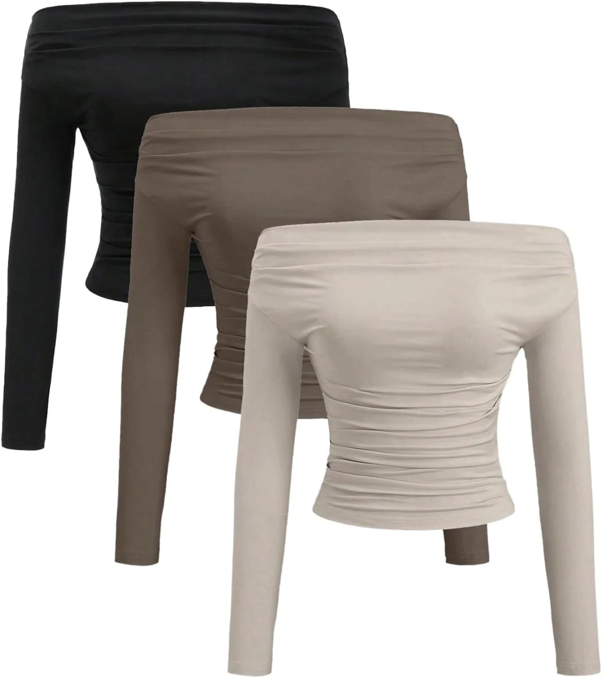 3 Pack Long Sleeve Off The Shoulder Tops Ruched Slim Fitted by OYOANGLE, photograph 1 of 4