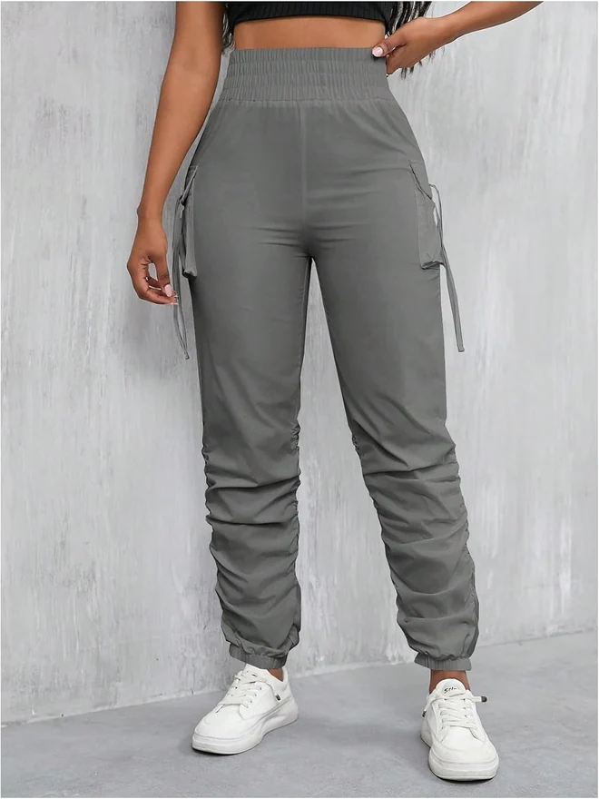 Y2K Rave Ruched Flap Pocket Cargo Pants Elastic High Waist by OYOANGLE, photograph 3 of 3