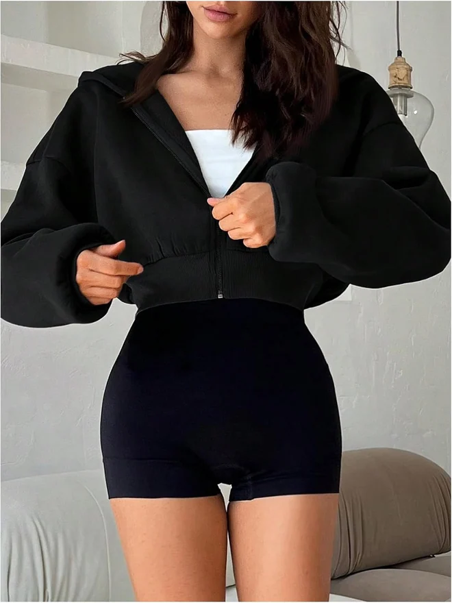 Zip Up Cropped Hoodies Drop Shoulder Hooded Sweatshirts Black by OYOANGLE