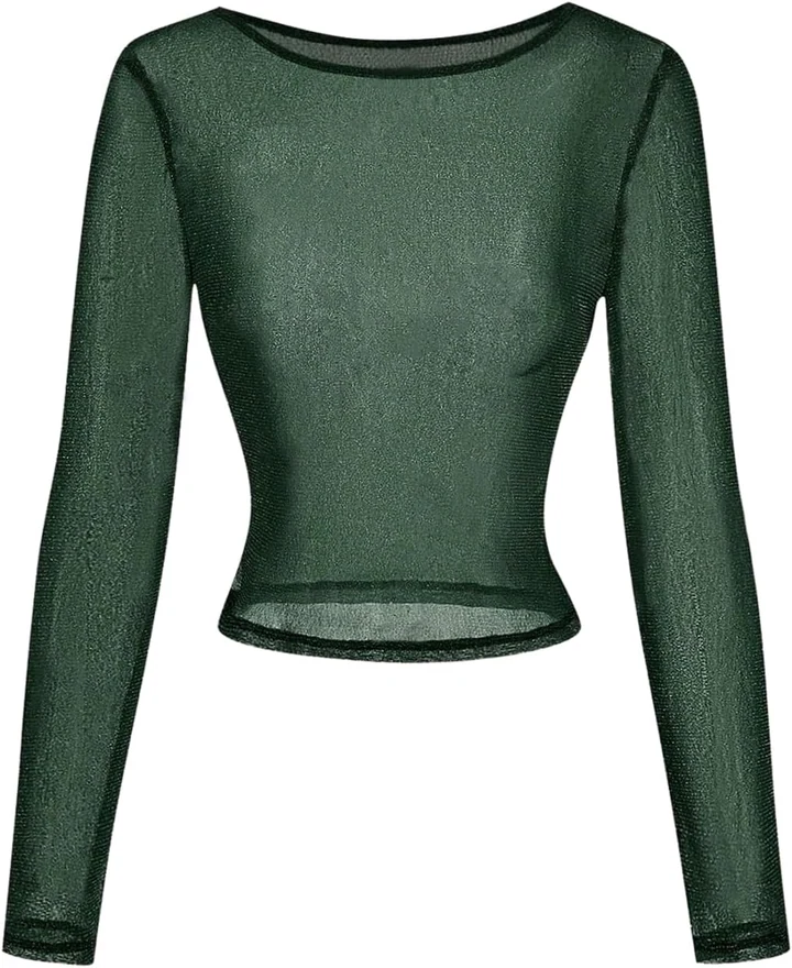 Glitter Long Sleeve Sheer Scoop Neck See Through Club Top by OYOANGLE