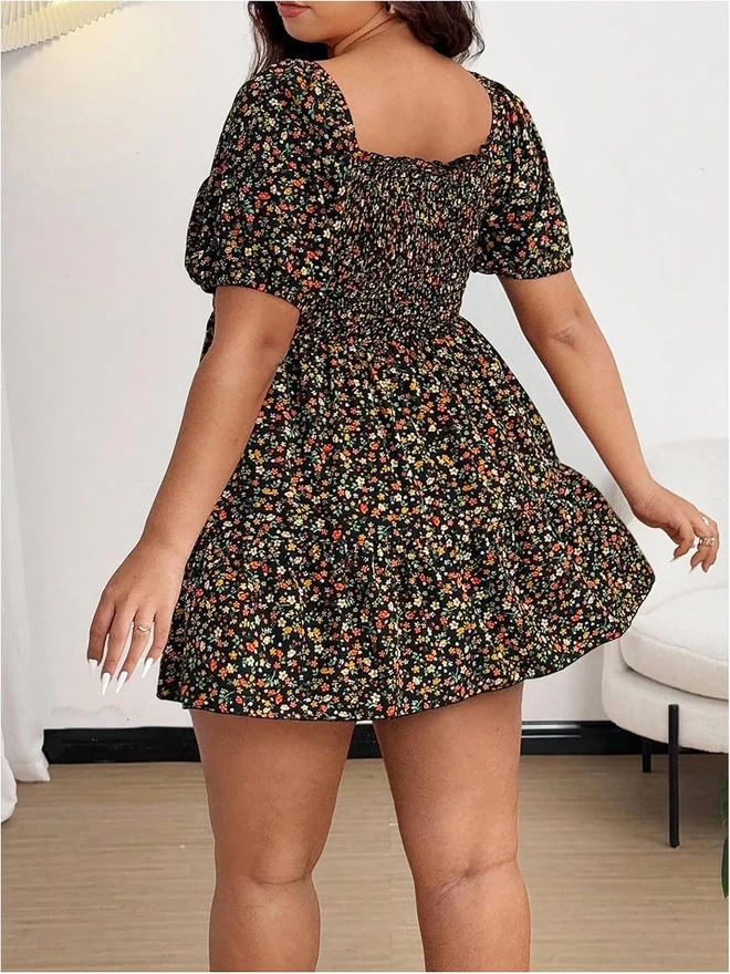 Plus Size Floral Print Ruffle A Line Short Dress by OYOANGLE, photograph 2 of 4