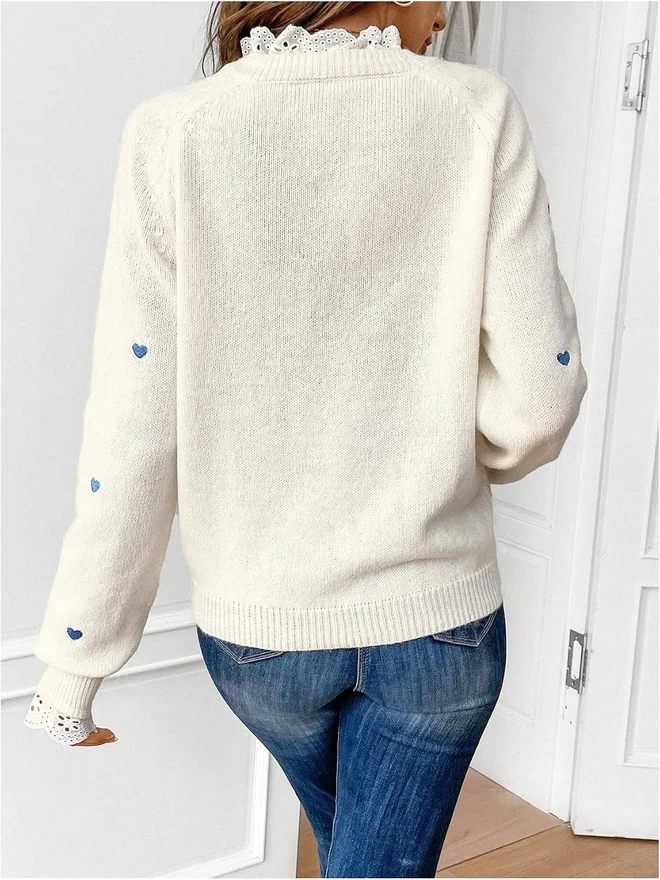 Long Sleeve Sweater Heart Embroidery Crewneck Lace Patchwork by OYOANGLE, photograph 2 of 4