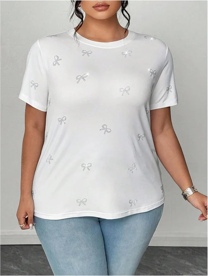 Plus Size Rhinestone Bow Top Short Sleeve Crew Neck Tee Shirts by OYOANGLE, photograph 3 of 4
