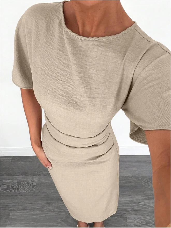 Textured Cinched Waist Slit Hem Maxi Dress Apricot by OYOANGLE, photograph 2 of 3