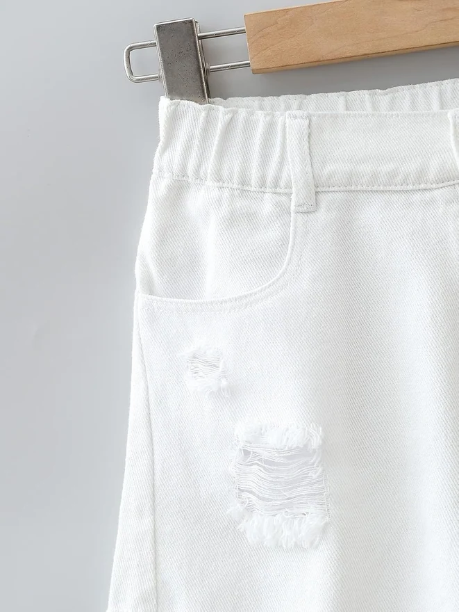 Girl's Mid Rise Ripped Raw Hem Straight Leg Jean Denim Shorts by OYOANGLE, photograph 4 of 4