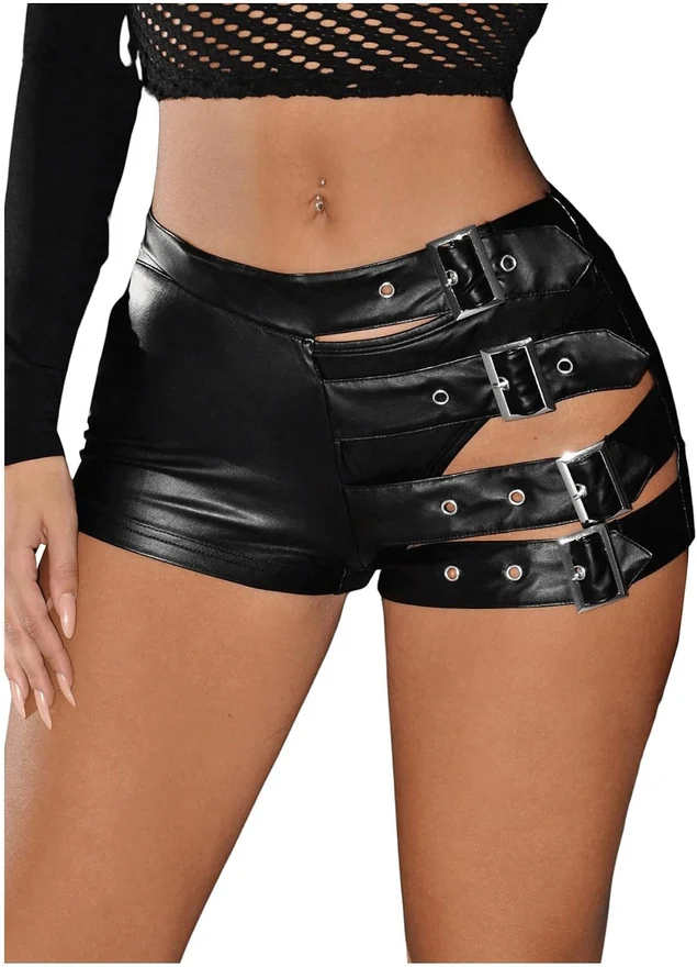 Leather Mini Shorts Y2k Low Rise Booty Micro Rave Shorts by OYOANGLE