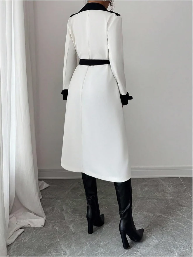 Double-Breasted Coat Lapel Neck Long Trench Coat with Belt White by OYOANGLE