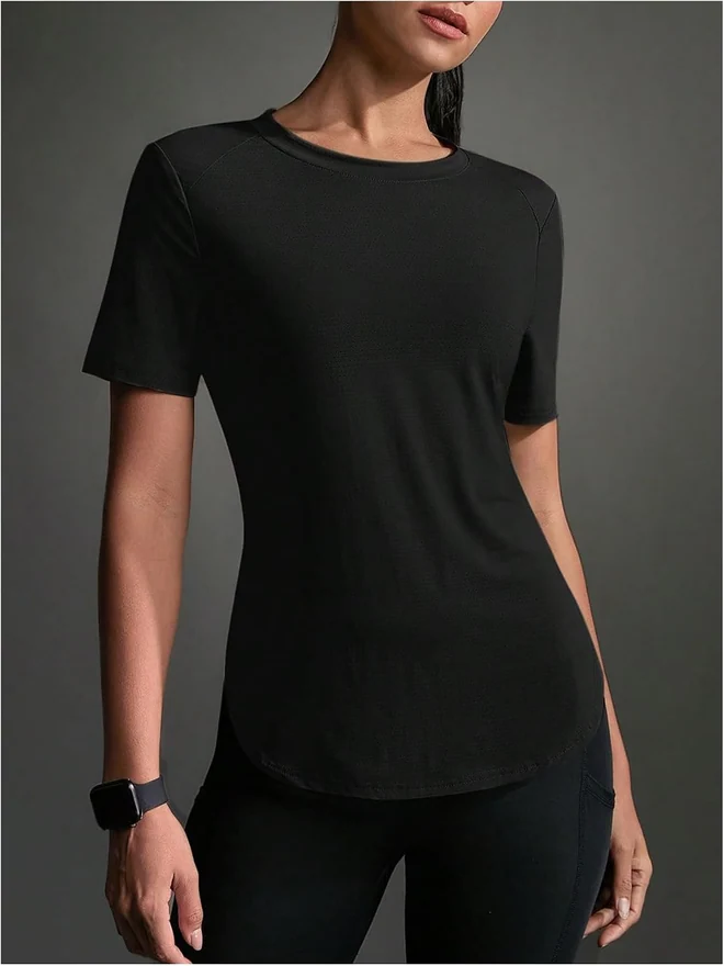 Solid Contrast Mesh Top Short Sleeve Gym T-Shirt Black by OYOANGLE