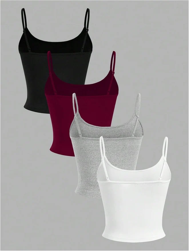 4 Pack Scoop Neck Cami Top Basic Solid Spaghetti Strap Fitted by OYOANGLE, photograph 2 of 4