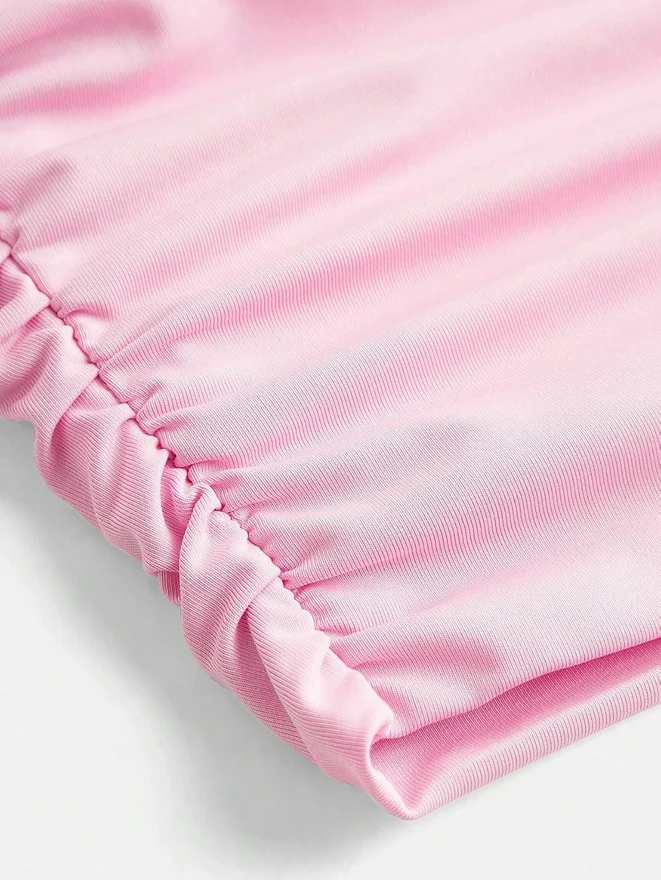 Girl's Strapless Ruched Cropped Tube Tops Pink by OYOANGLE, photograph 4 of 4