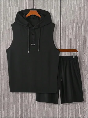 Sleeveless Workout Hoodie and Shorts Set 2 Piece Outfits in Black