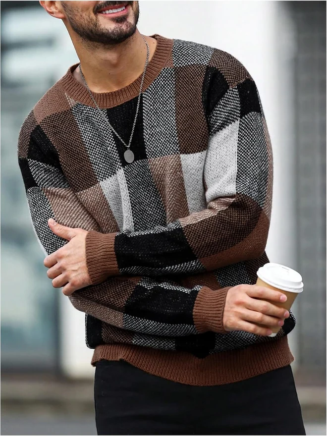 Colorblock Plaid Long Sleeve Crew Neck Sweater Pullover Tops by OYOANGLE, photograph 4 of 4