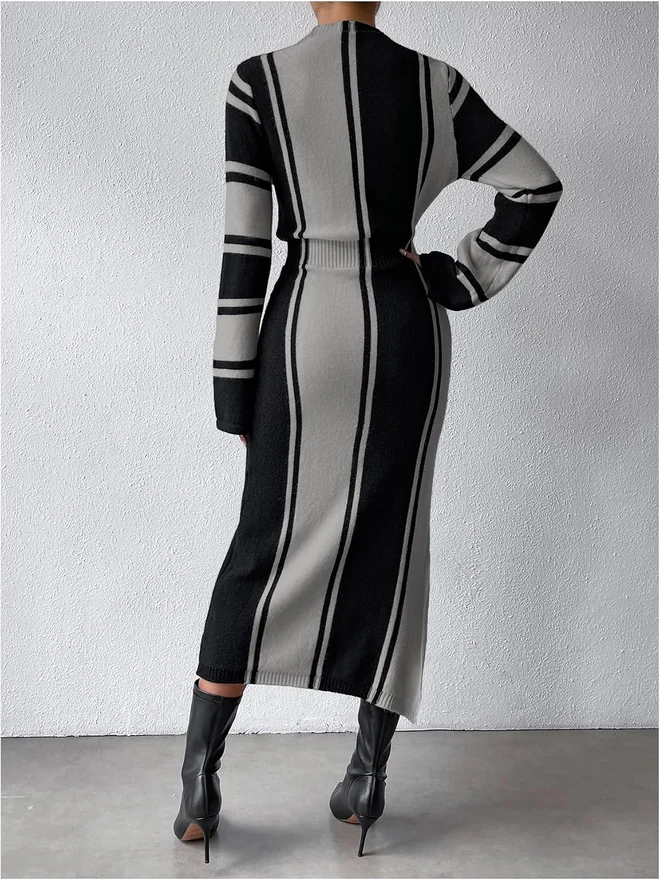 Color Block Bell Sleeve Mock Neck Sweater Dress Grey by OYOANGLE, photograph 2 of 2