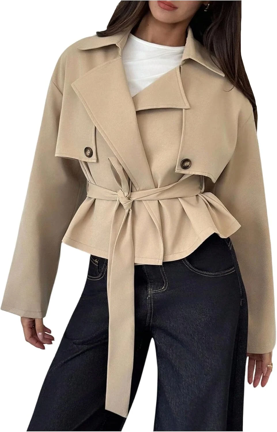 Cropped Trench Coat Double Breasted Lapel Collar Belted Short by OYOANGLE, photograph 1 of 4