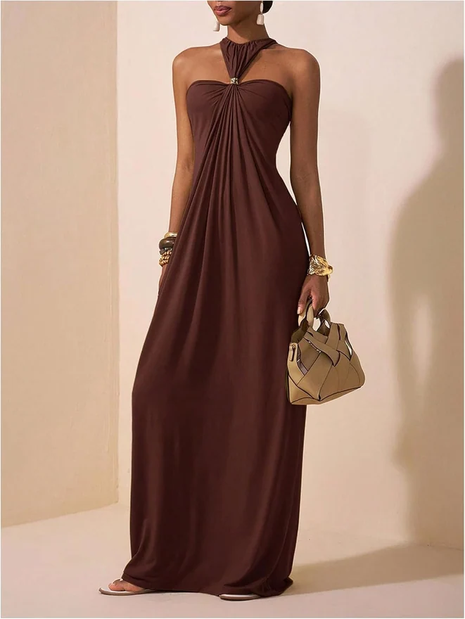 Twist Halter Maxi Dress Sleeveless Wedding Guest Dress by OYOANGLE