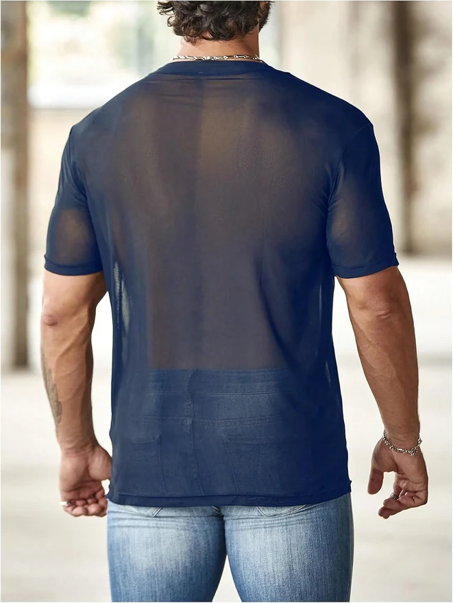 Sheer Mesh Short Sleeve Round Neck T-Shirts Deep Blue by OYOANGLE, photograph 2 of 4