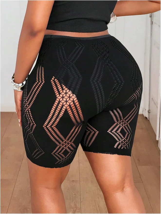 Plus Size Hollow Out High Waisted Biker Shorts Leggings by OYOANGLE, photograph 3 of 4