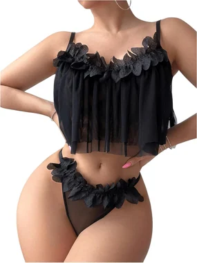 Sexy Lingerie Sets Sheer Mesh Bridal Babydoll Lingerie in Black