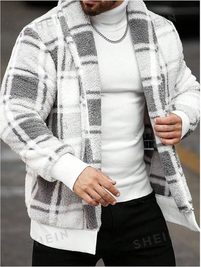 Gingham Fuzzy Fleece Jacket Open Front Thermal Sherpa Coat by OYOANGLE, photograph 3 of 4