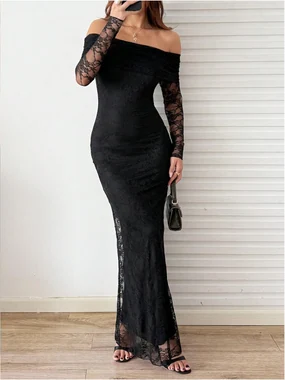 Lace Off the Shoulder Long Sleeve Bodycon Maxi Dress Black in Black