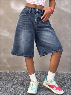 Girl's Baggy Jorts Elastic Waist Wide Leg Bermuda Denim Shorts in Dark Wash