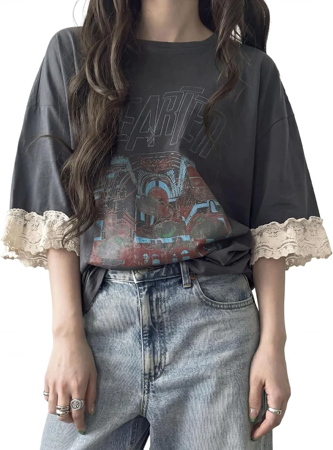 Y2K Graphic Tees Letter Print Lace Trim Short Sleeve Crew Neck by OYOANGLE