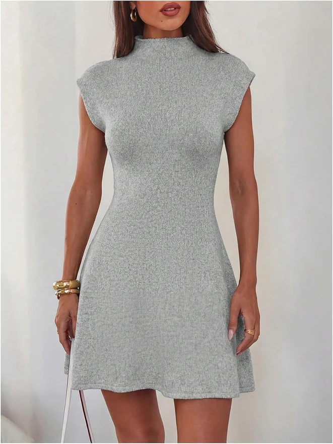 Cap Sleeve Mini Sweater Dress Elegant Mock Neck Dresses by OYOANGLE, photograph 3 of 3