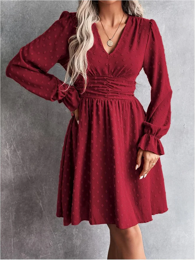 Long Sleeve Swiss Dots Ruffle Short Dresses Red by OYOANGLE, photograph 2 of 4