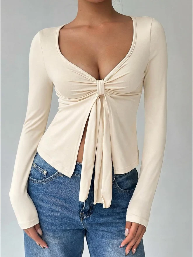 Long Sleeve Tie Knot Front V Neck T-Shirt Split Hem Trendy Tunic by OYOANGLE