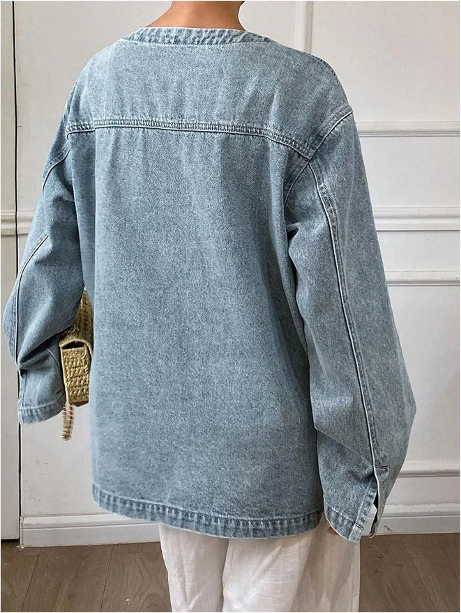Oversized Bow Tie Front Denim Jacket V Neck Long Sleeve Jean by OYOANGLE, photograph 3 of 4