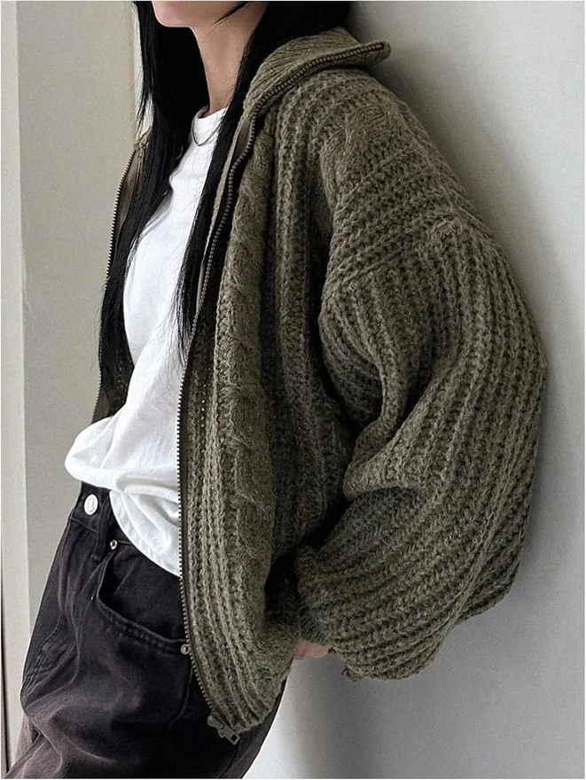 Zip Up Cable Knit Cardigan Sweater Long Sleeve Oversized by OYOANGLE, photograph 2 of 4