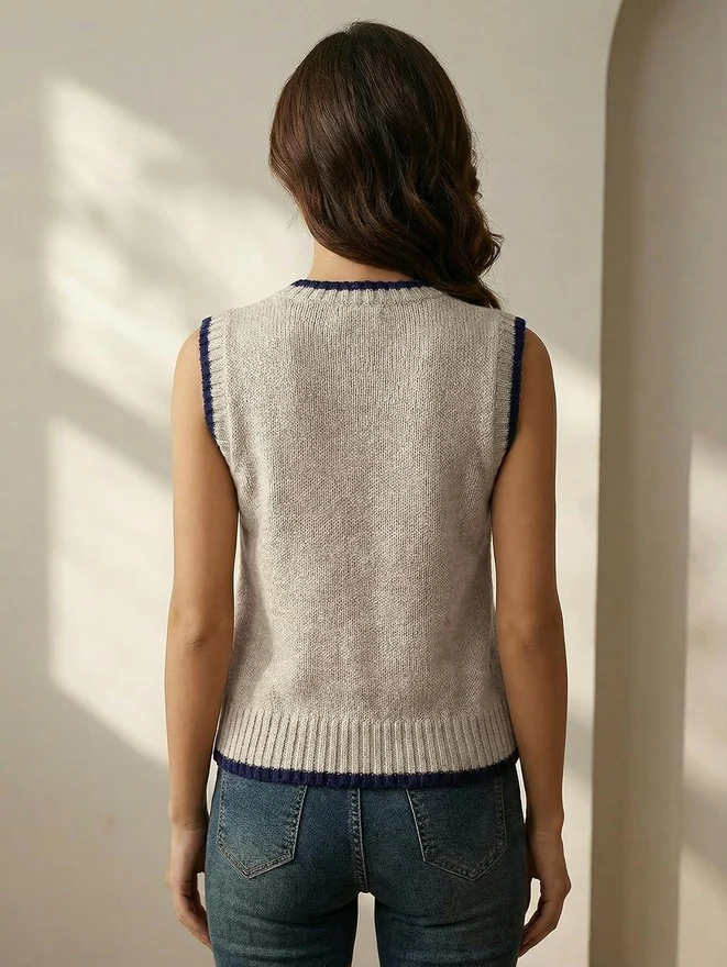 Button Pullover Sweater Knit Vest Sweater Tops Khaki by OYOANGLE