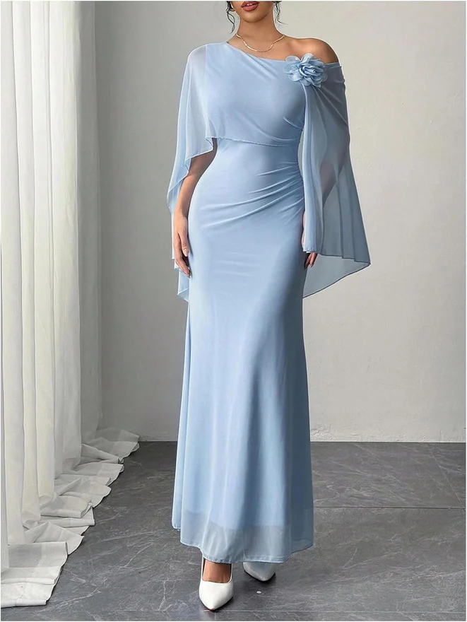 3D Floral Mesh Poncho Summer Formal Wedding Guest Dresses by OYOANGLE, photograph 2 of 3