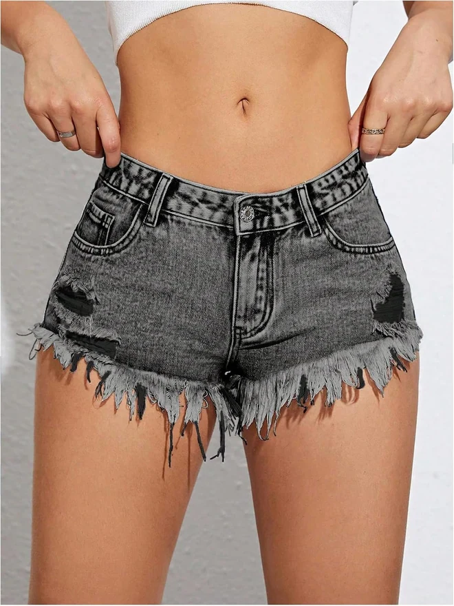 Low Rise Denim Shorts Y2K Frayed Raw Hem Distressed Jean Shorts by OYOANGLE, photograph 4 of 4