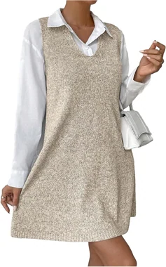 V Neck Sleeveless Basic Solid Pullover Knit Sweater Dress in Apricot