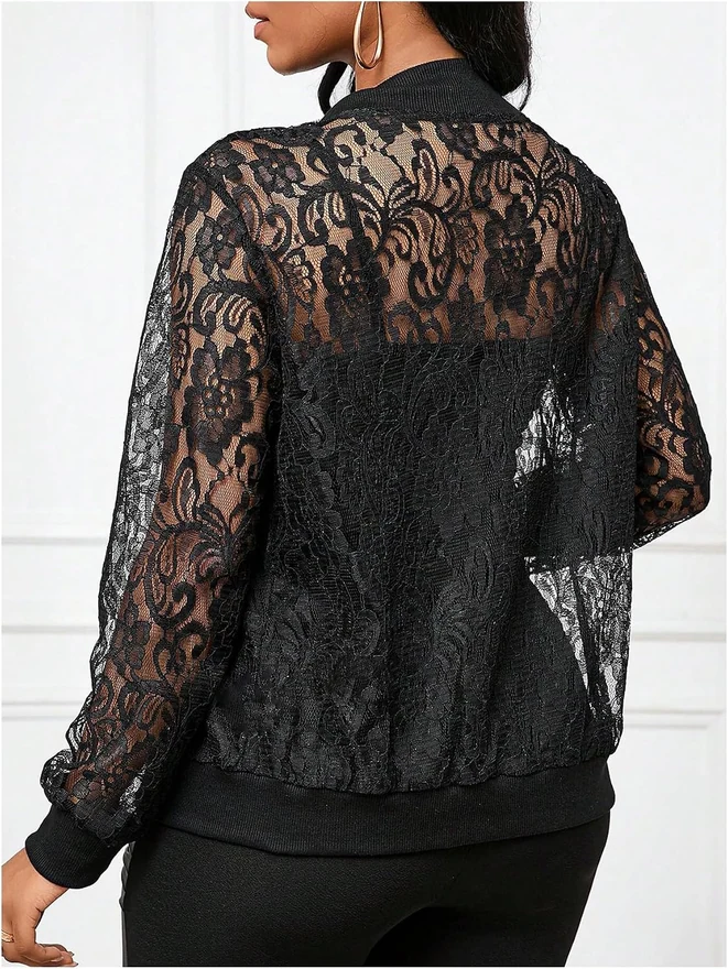 Lace Sheer Long Sleeve Bomber Jackets by OYOANGLE, photograph 3 of 4