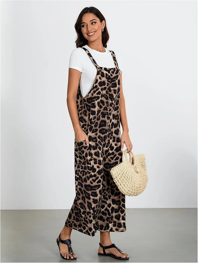 Leopard Print Sleeveless Straight Leg Jumpsuits with Pocket by OYOANGLE, photograph 3 of 3