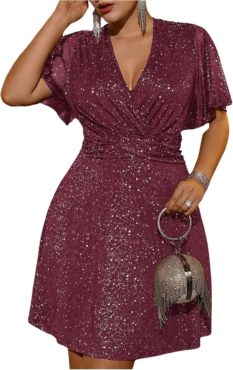 Plus Size Sequin Sparkly Wrap V Neck Short Dress Short Sleeve by OYOANGLE, photograph 1 of 4