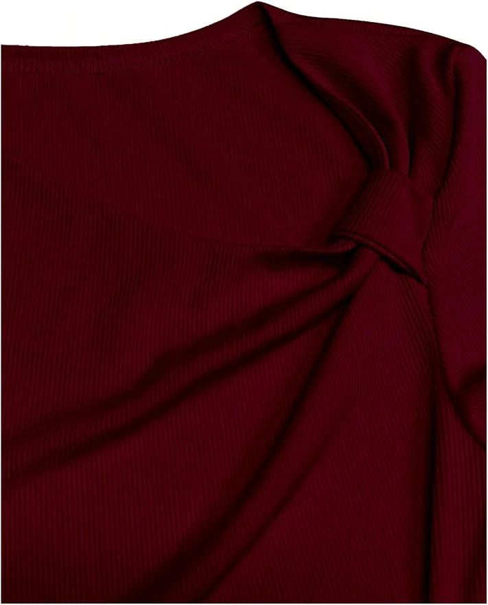 Short Sleeve Ribbed Tops Asymmetrical Neck Fitted Ruched Dressy by OYOANGLE, photograph 3 of 4