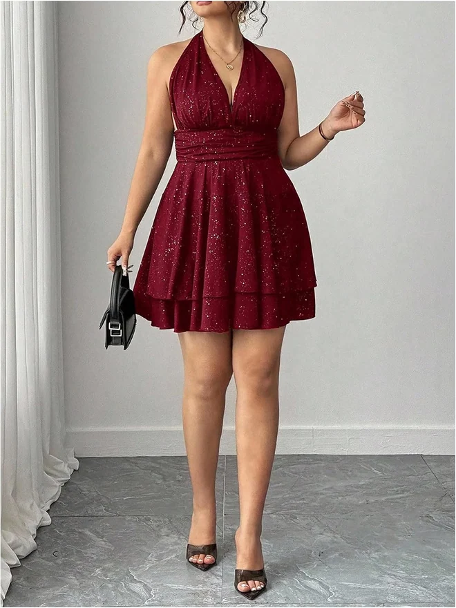 Plus Size Sequin Sparkly Sleeveless Halter Short Dress Red by OYOANGLE, photograph 3 of 4