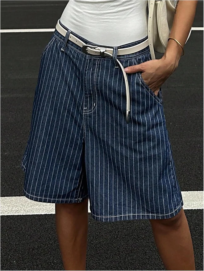 Striped Jorts Retro Wide Leg Bermuda Jean Shorts Y2K Baggy Cargo by OYOANGLE, photograph 4 of 4