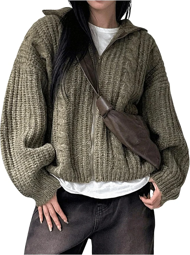 Zip Up Cable Knit Cardigan Sweater Long Sleeve Oversized by OYOANGLE