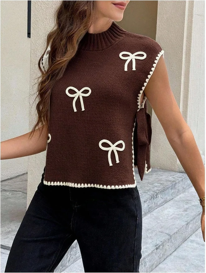 Bow Short Sleeve Sweater Side Tie Knit Pullover Top Brown by OYOANGLE, photograph 2 of 4