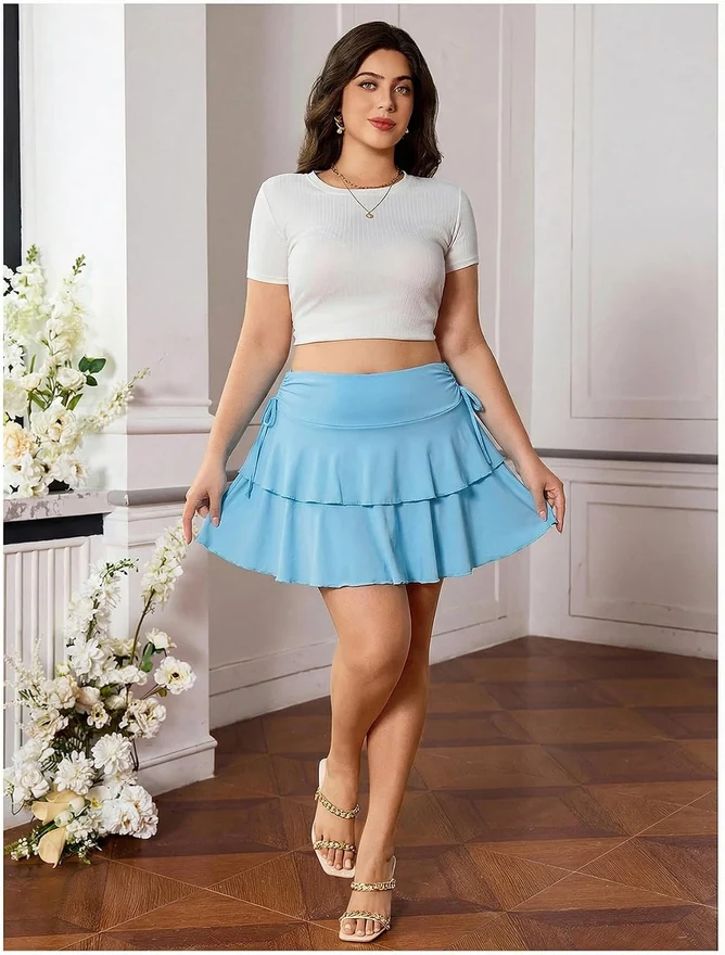 Plus Size High Waisted Y2K A Line Ruffle Skorts Mini Skirt by OYOANGLE