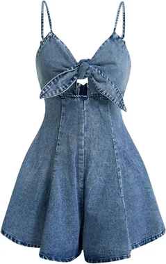 Vintage Bowknot Spaghetti Strap Denim Romper Jean Dress in Light Wash