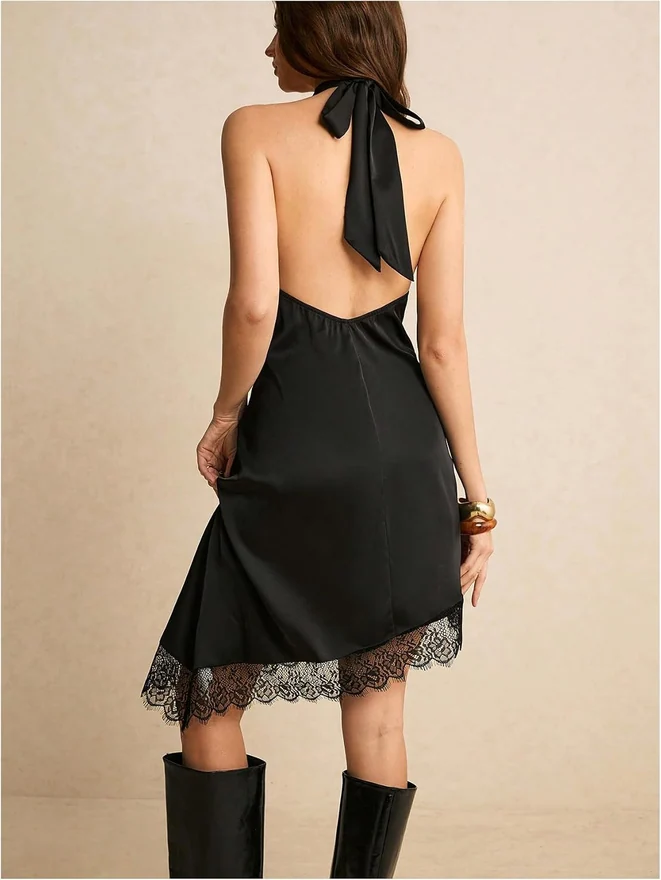 Satin Halter Flowy Dress Sleeveless Lace Asymmetrical Hem by OYOANGLE