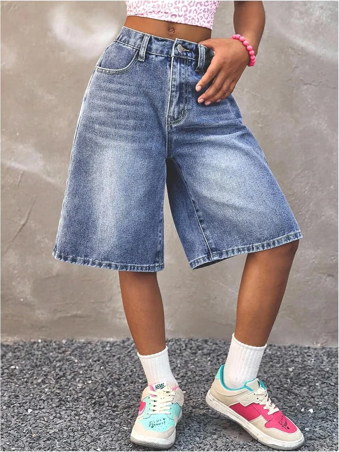 Girl's Baggy Jorts Elastic Waist Wide Leg Bermuda Denim Shorts by OYOANGLE, photograph 2 of 3